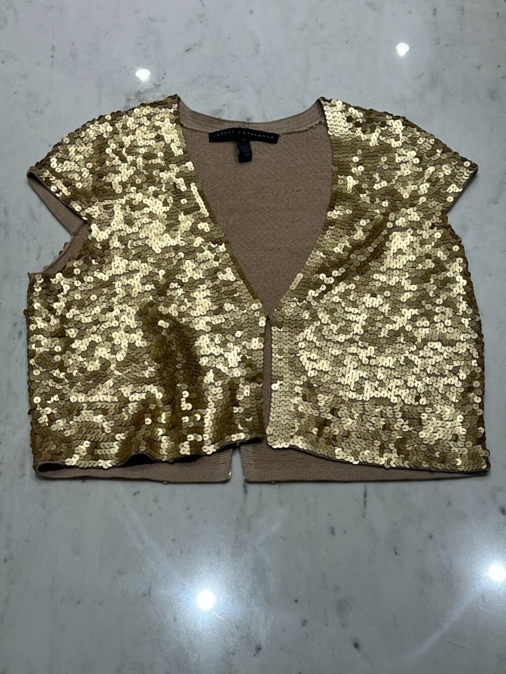 Robert Rodriguez Gold Sequin Silk-Cashmere Cropped Bolero Cardigan, Size S